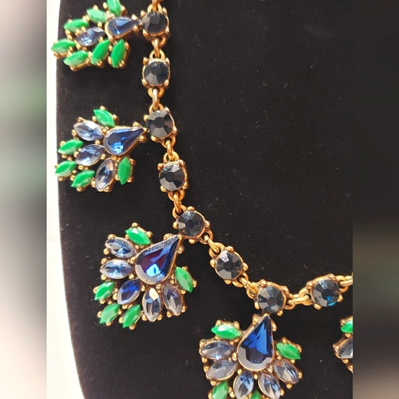 Signed J. Crew Blue/Green Rhinestone Flower Necklace - Picture 4 of 12